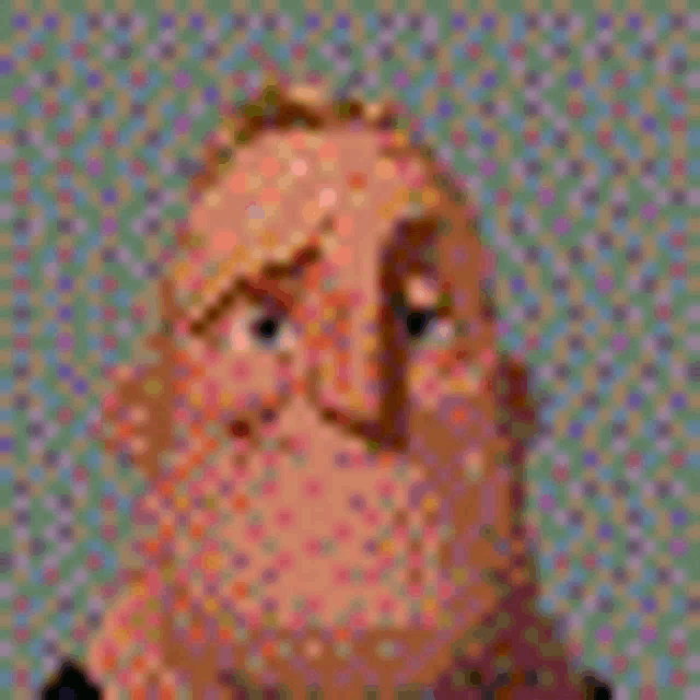 a pixelated portrait of a man with a beard and a polka dot background .