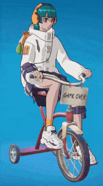a girl is riding a tricycle with a game over sign on the front