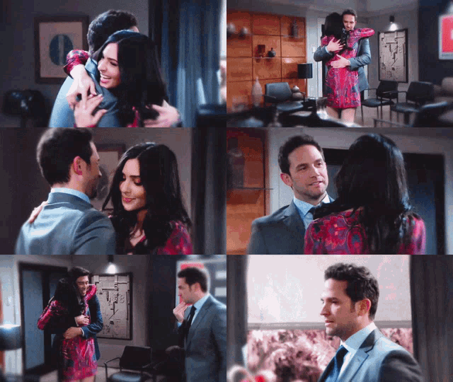a man in a suit and tie is hugging a woman
