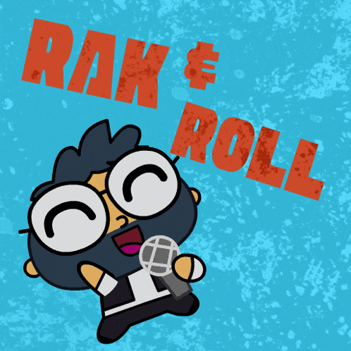 a cartoon character singing into a microphone with rak & roll written on the purple background