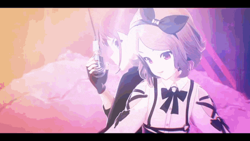 a girl with a bow on her head is holding a microphone