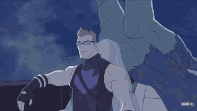 a cartoon of a man with a bow and arrow with a marvel hq logo behind him
