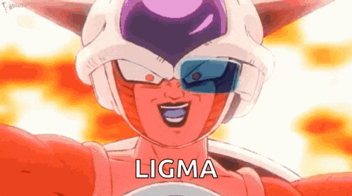a close up of a dragon ball z character wearing a helmet and sunglasses with the word ligma written on it .