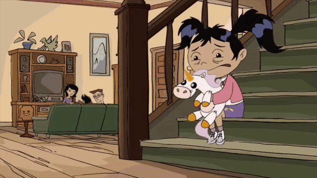 a cartoon of a girl holding a stuffed unicorn on stairs