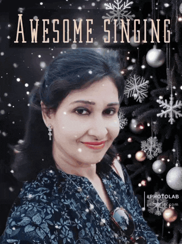 a woman is standing in front of a christmas tree and the words awesome singing are above her