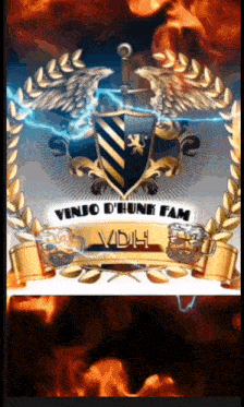 a poster with a shield and a sword that says vinjo d' hunt fam vdh