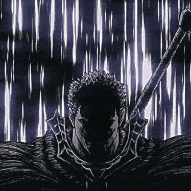 a drawing of a man holding a sword in the dark