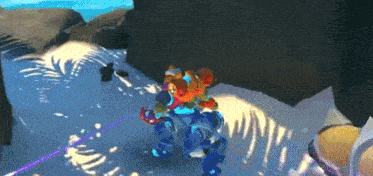 a video game character is riding a robot in the snow