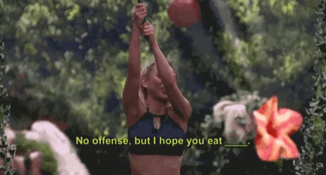 a woman in a bikini is holding a hammer and says " no offense but i hope you eat "