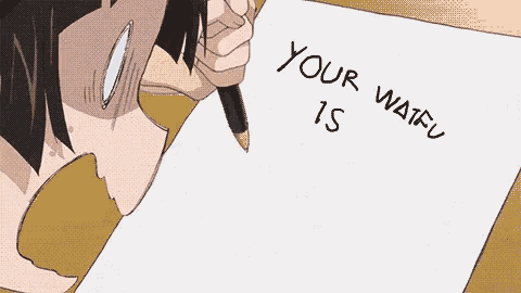 a person is writing on a piece of paper that says " your wafu is "