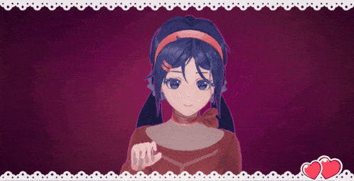 a girl with blue hair waves her hand in front of two hearts