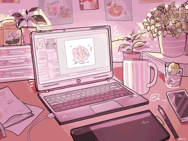 a drawing of a desk with a laptop and a phone and a cup of tea