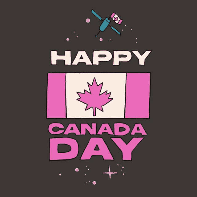 a pink canadian flag with a maple leaf and the words happy canada day