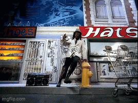 a man is dancing in front of a hat store