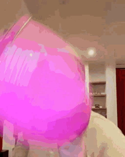 a person with a pink balloon on their head