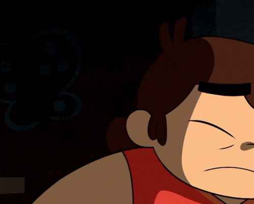 a close up of a cartoon character with big eyes
