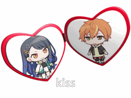 a boy and a girl are in a heart shaped mirror with the word kiss written below them