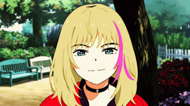 a cartoon girl with blonde hair and pink streaks