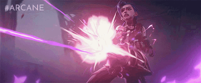 jinx from arcane is holding a purple sword and shooting a purple lightning bolt .