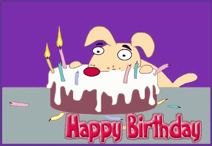 a birthday card with a dog eating a cake and the words happy birthday