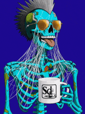 a cartoon of a skeleton holding a mug with the letter s on it