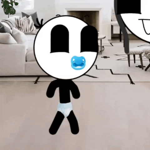 a stick figure wearing a diaper and a pacifier is standing in a living room .