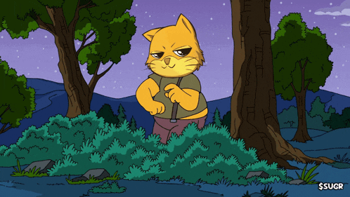 a cartoon of a cat standing next to a tree with $sugr written on the bottom right