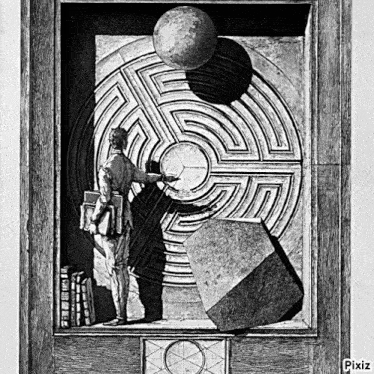 a black and white drawing of a man standing in front of a maze with pixiz written on the bottom right
