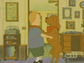 a cartoon of a boy being hugged by a dog with the words cw on the bottom