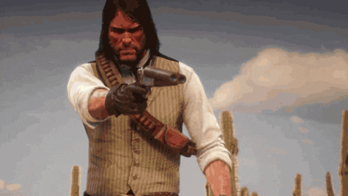 a man holding a gun with a belt around his waist