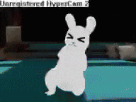 a white rabbit is standing on its hind legs with an angry expression on its face ..