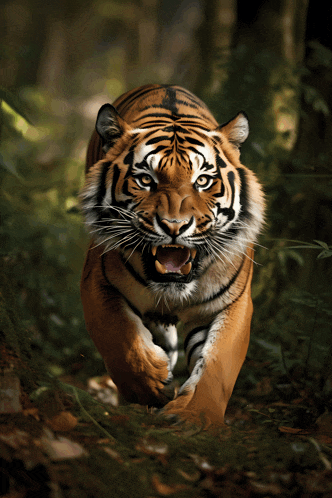 a tiger with its mouth open is running through the woods