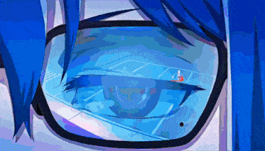 a close up of a person 's eye with blue hair and glasses