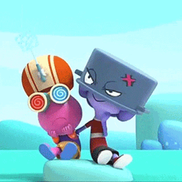 a cartoon character wearing a hat and goggles is sitting next to another cartoon character wearing a hat and goggles