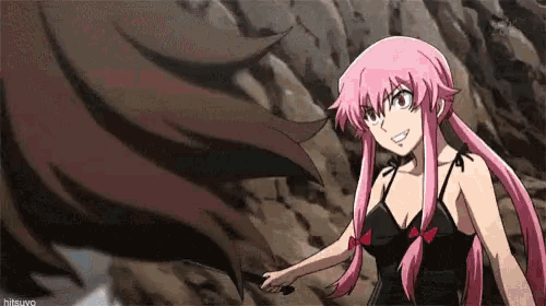 a girl with pink hair and a black dress is standing on a rock .