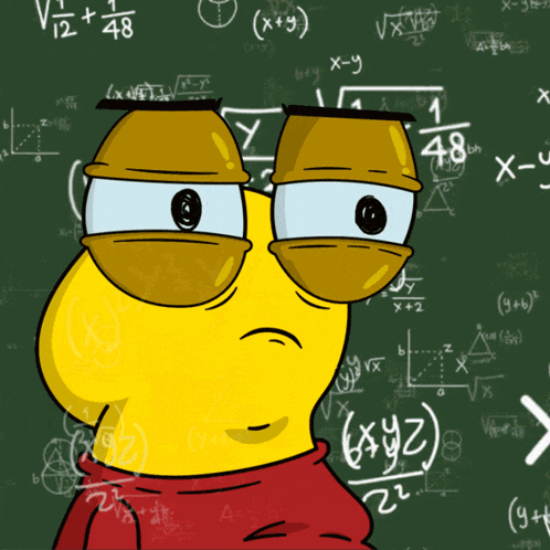 a cartoon character is standing in front of a chalkboard with math equations written on it