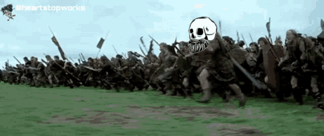 a drawing of a skull with a beard is surrounded by a large army