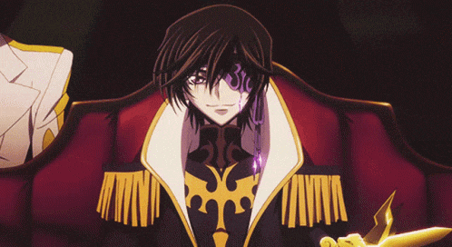 a cartoon character with a purple eye and a red coat