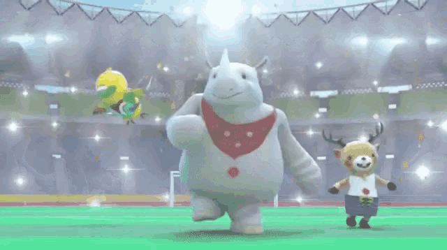 a group of cartoon characters standing on a green field