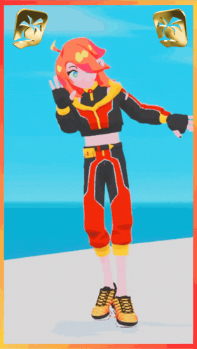a girl in a red and black outfit is standing in front of a blue ocean