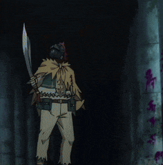 a cartoon character holding a sword in a dark tunnel