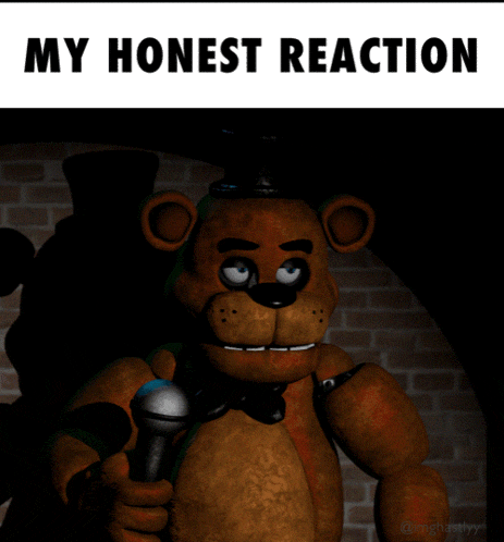 a teddy bear holding a microphone with the words " my honest reaction " above it