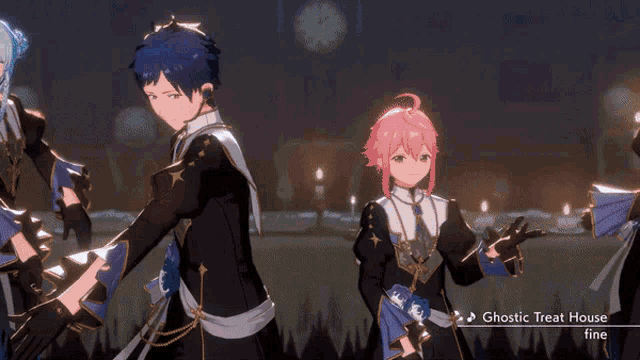 a group of anime characters are dancing in a video game called ghostic treat house