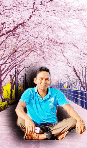 a man in a blue shirt sits on the ground in front of a row of cherry blossom trees