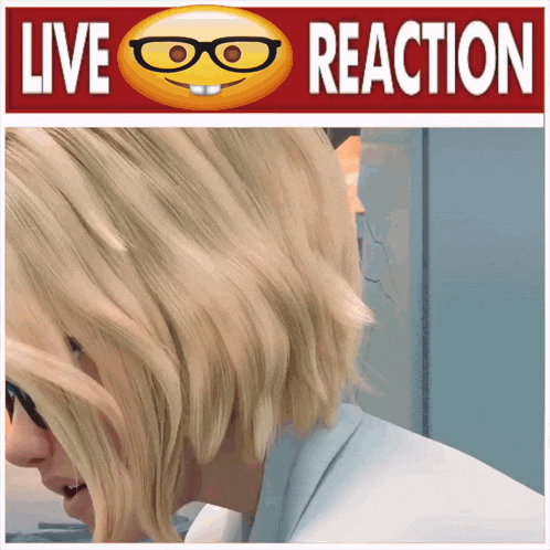 a picture of a woman with glasses and a live reaction sign