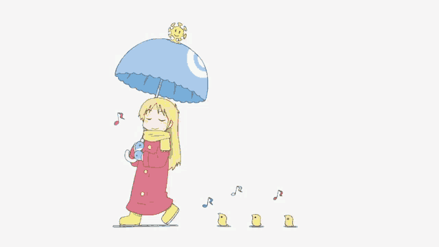 a girl in a red coat is holding an umbrella with a sun on top of it
