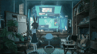 a girl in a blue dress stands in front of a computer screen with a rabbit on it