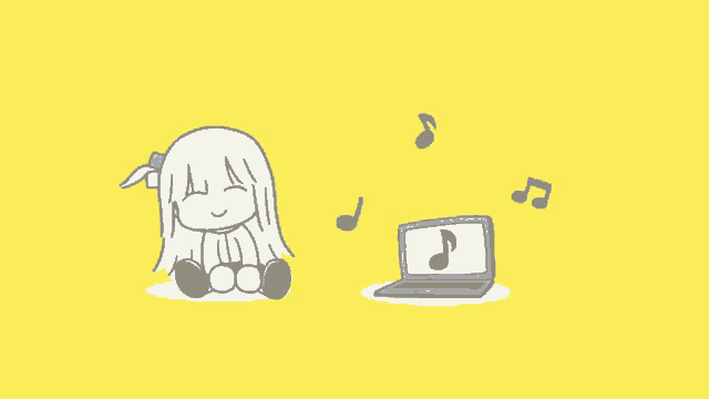 a cartoon of a girl sitting next to a laptop with music notes flying around