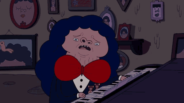 a cartoon of a woman playing a piano with a medal on her chest