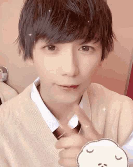 a young man wearing a sweater and tie is making a heart sign with his finger .